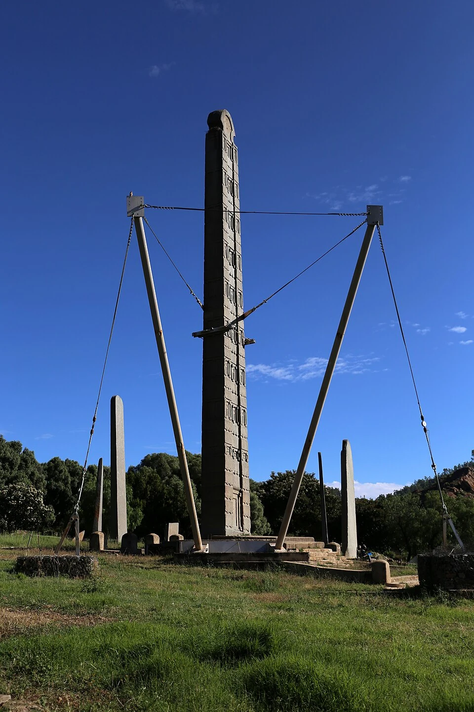 Stele 3, traditionally called King Ezana’s Stele, seen with its supporting cables.