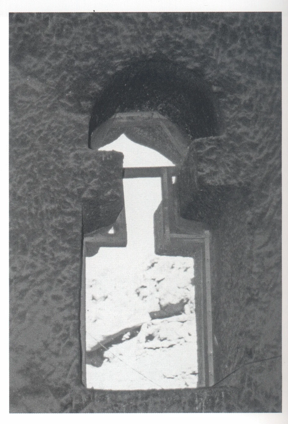 Beta Gabriel-Rafa’el, one of the steleform windows of Beta Gabriel, seen from the inside, 2006. The original round top of the aperture has been recut to a point on the external face.