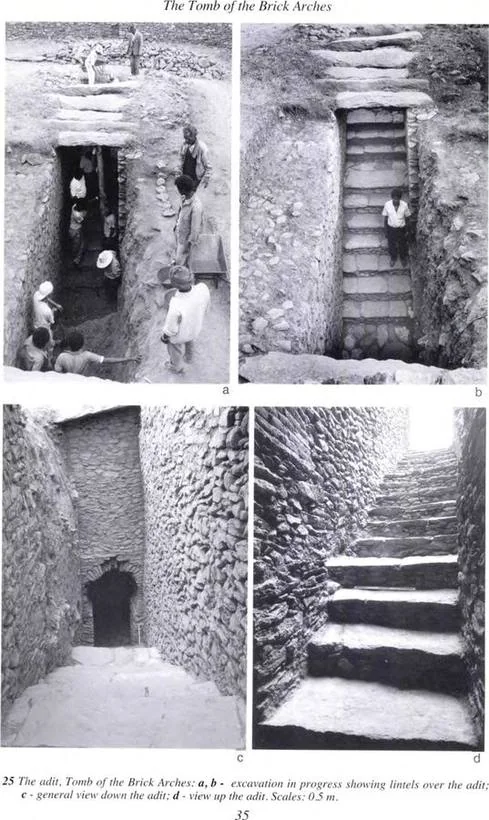 Fig. 25 The adit, Tomb of the Brick Arches: a, b - excavation in progress showing lintels over the adit; c - general view down the adit; d - view up the adit. Scales: 0.5 m