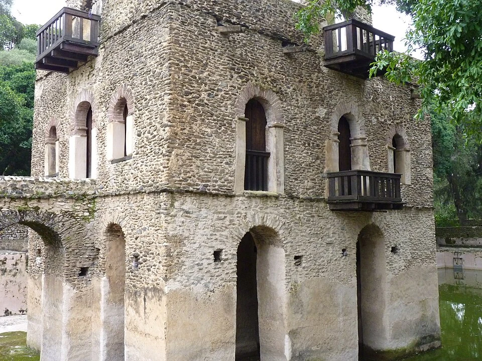 Fasilides’ Bath: pavilion façade and projecting timber balconies.