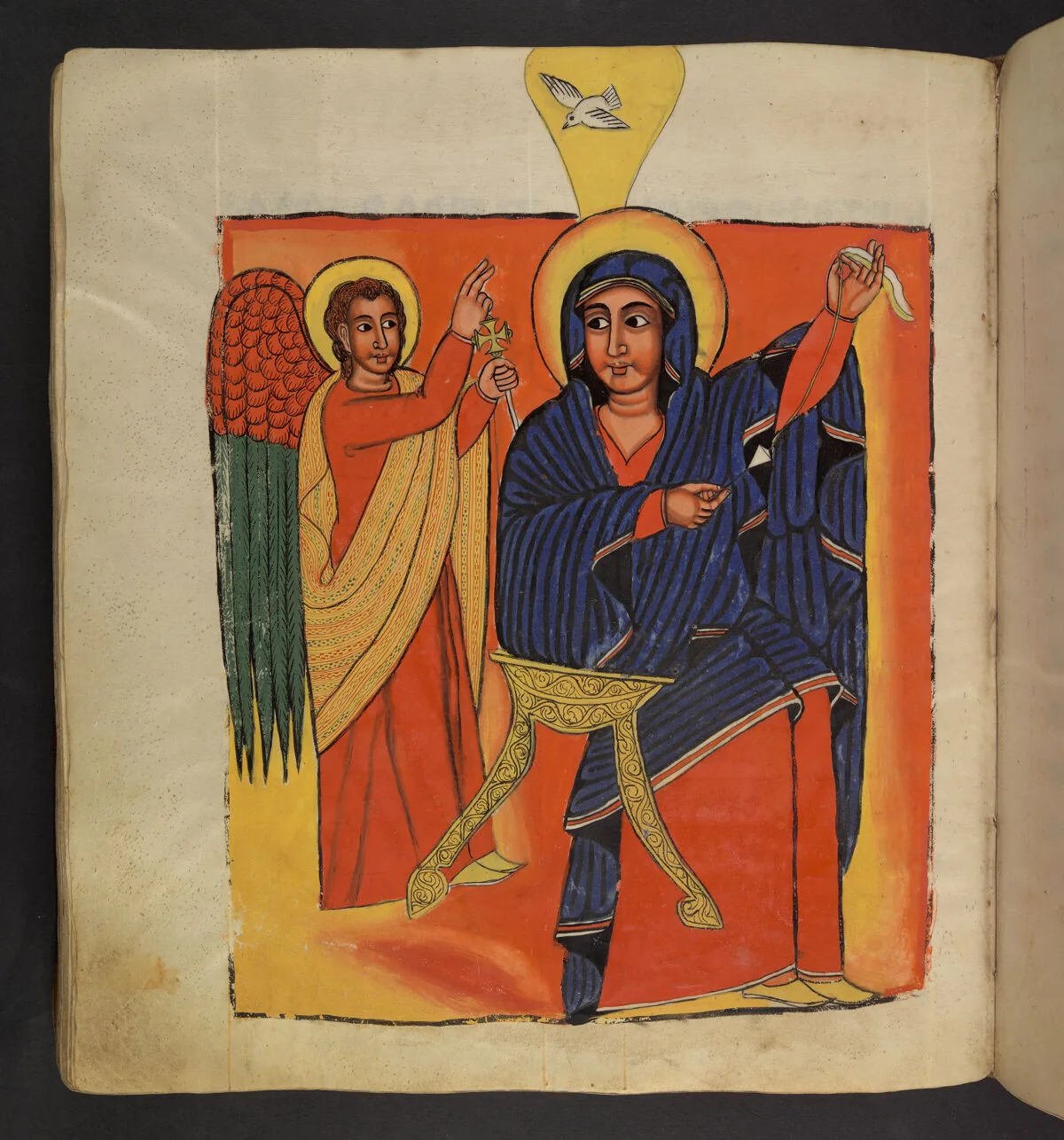 Annunciation: St Gabriel appears to Mary sewing or spinning