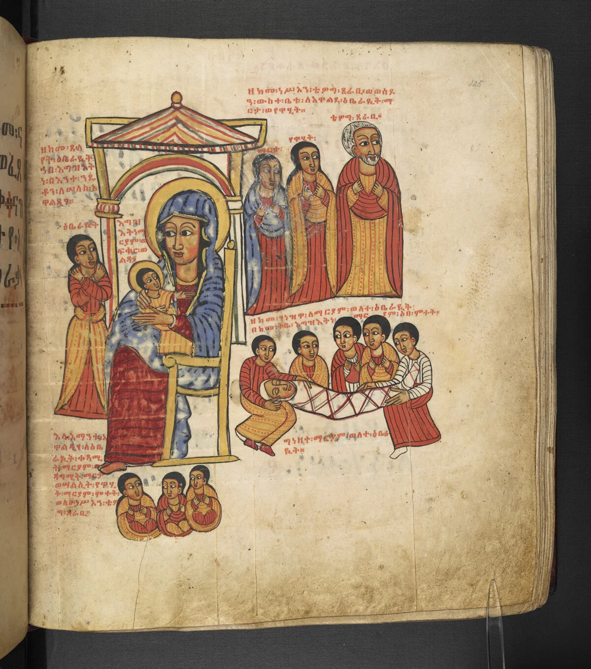 The poor widow praying before the the icon of the Virgin and Child, below which her three daughters are sitting; The two other daughters standing next to the blacksmith; The funeral of the eldest daugher, who is wrapped in a shroud and surrounded by persons