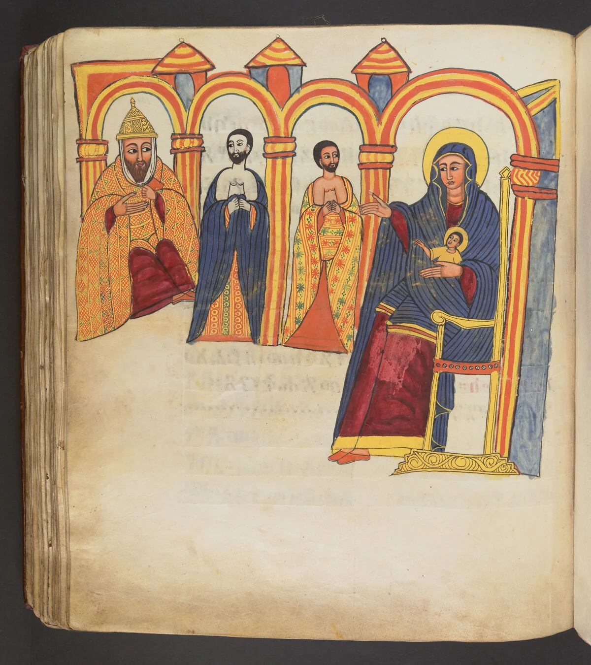 The leprous bishop standing before the sitting patriarch and showing him his leprosy; The bishop praying before the icon of the Virgin and Child