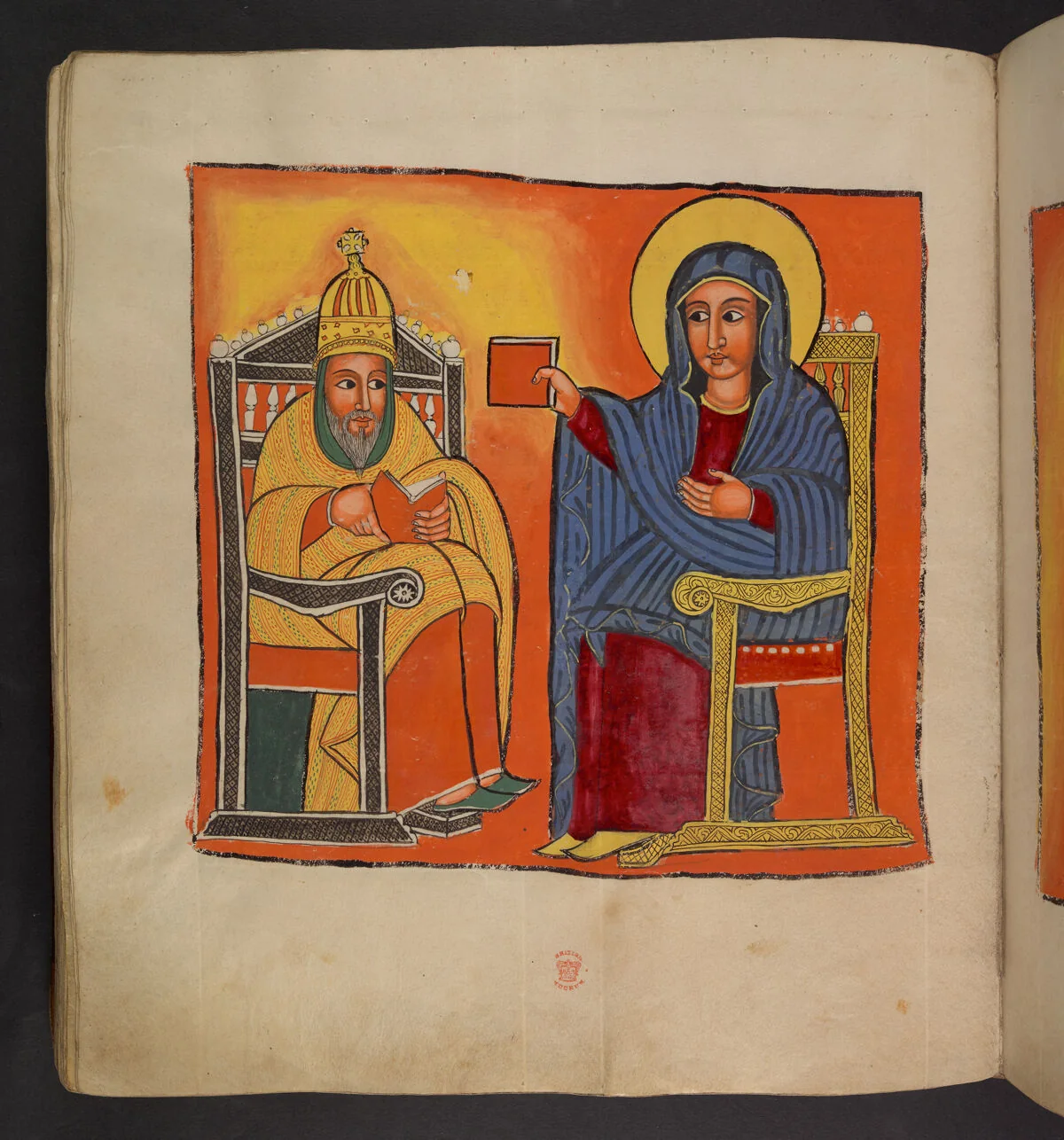 Hildephonsus of Toledo handing over to St Mary the finished book of the Taʾammǝra Māryām, which she blesses and returns to him