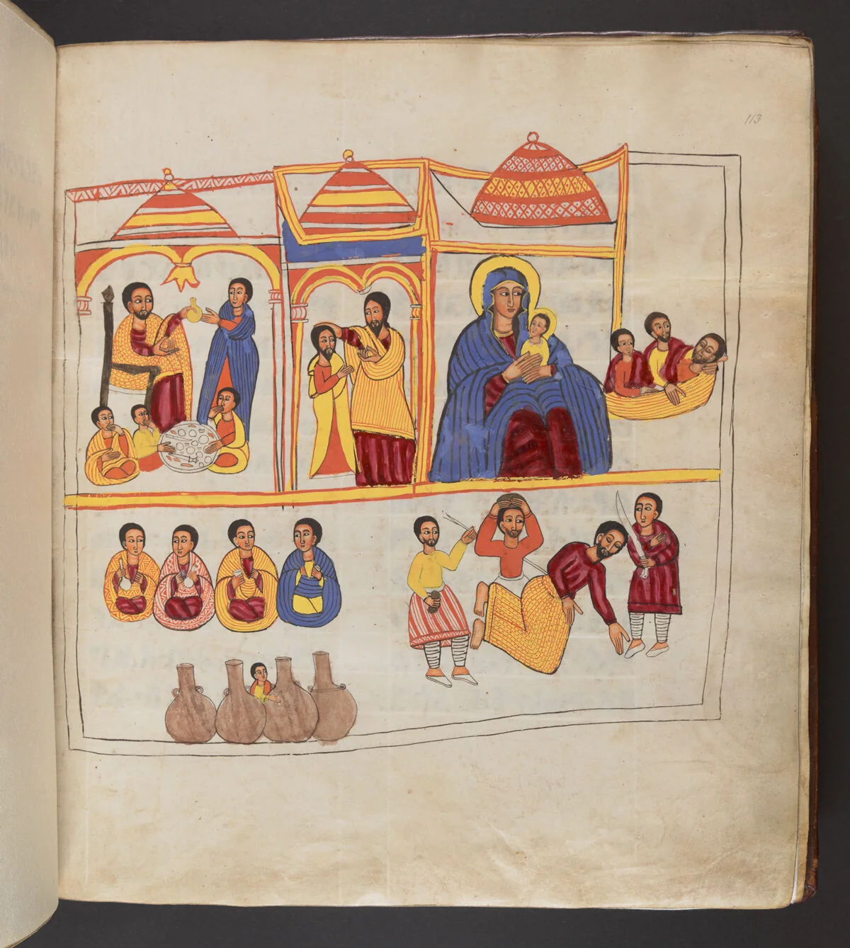 Bārok sitting in his house surrounded by those for whom he makes a feast; Bārok being consecrated as a monk; The icon of the Virgin and Child; The funeral of Bārok; His guests sitting and drinking wine; Bārok surrounded by his attackers who are holding various weapons