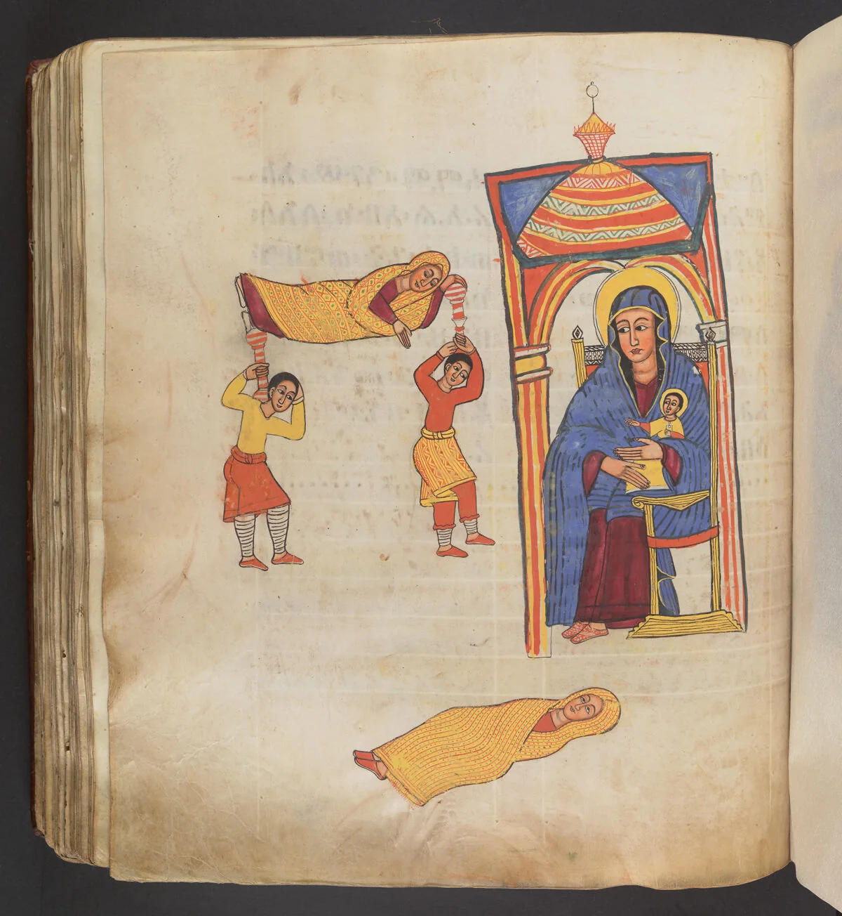 Two men carrying the woman with a broken foot on a stretcher; The woman lying below the icon of the Virgin and Child