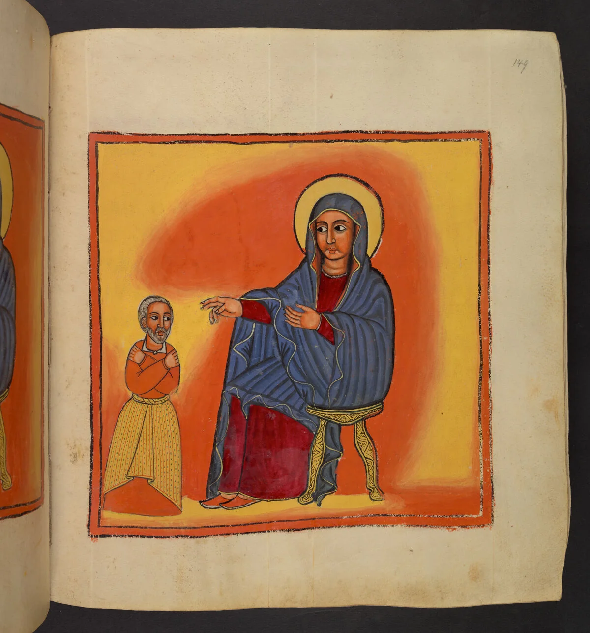 The Jewish priest standing before St Mary, who is sitting on the throne and performs a gesture of blessing