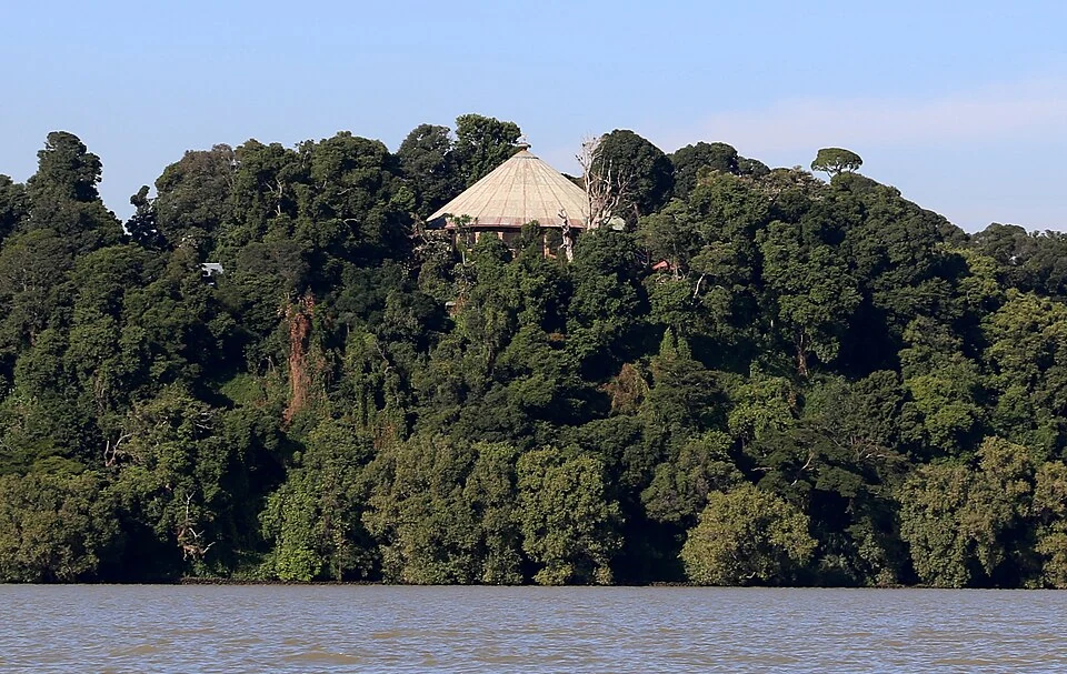 The roof of Kebran Gabriel Monastery above the trees on its Lake Tana island.
