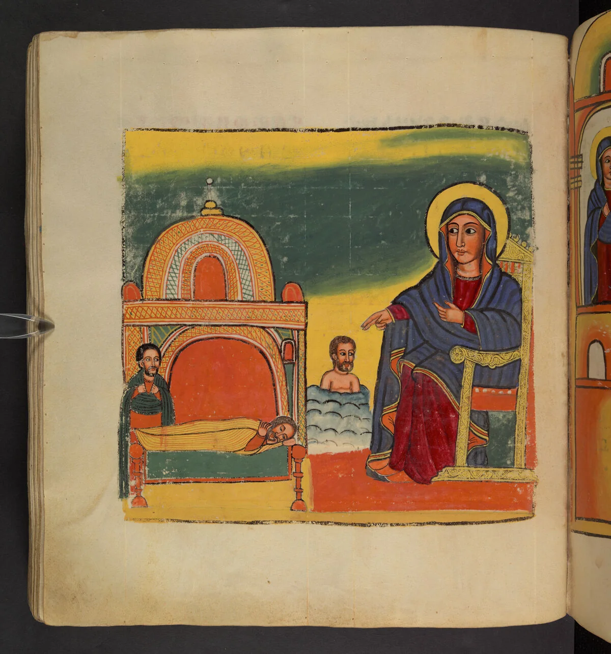 The sick pilgrim lying in bed; The sick pilgrim standing before the places to which Mary carries him: the Jordan
