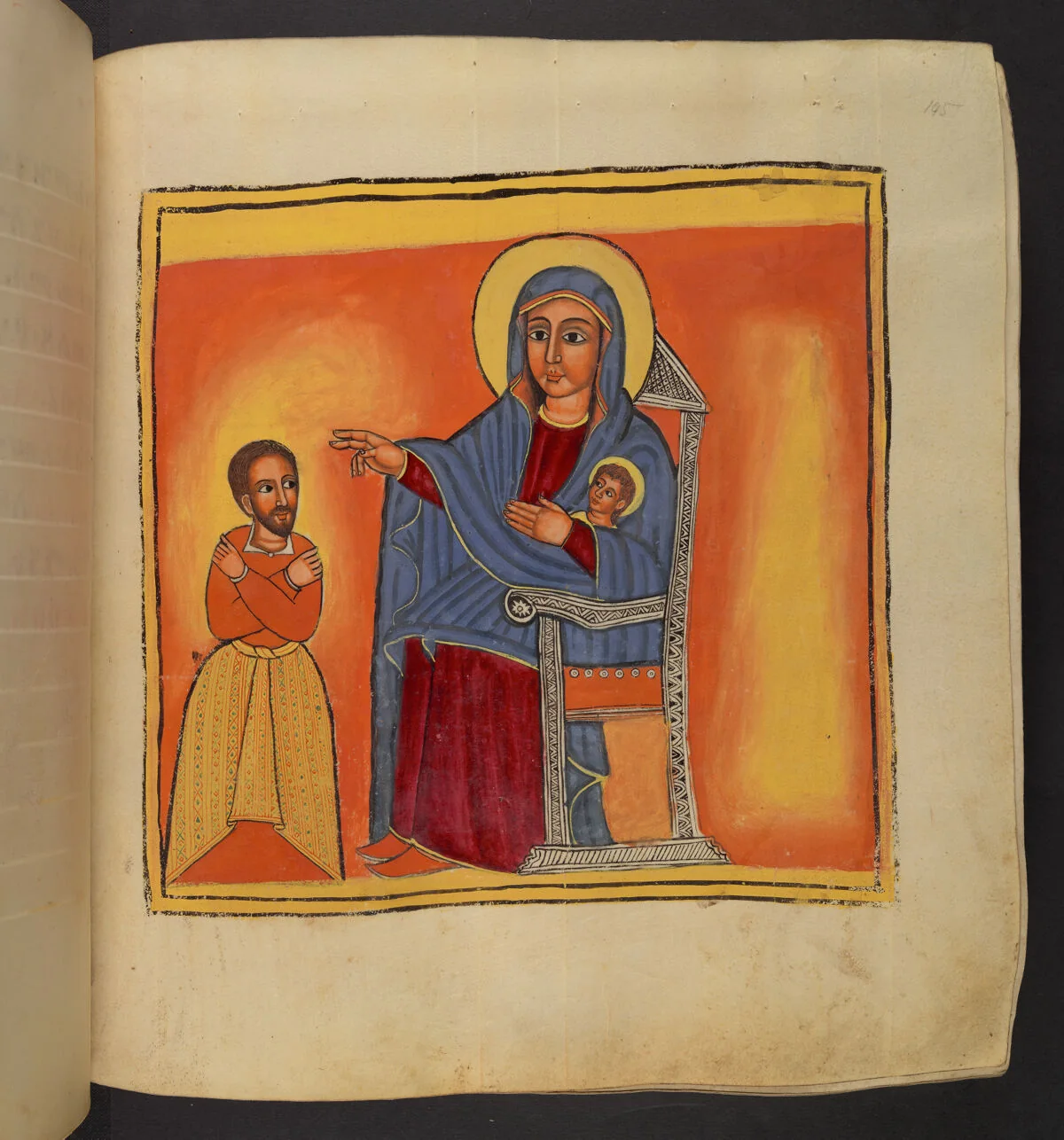 The worker standing next to St Mary, who performs a blessing gesture, while sitting on a throne and holding her son