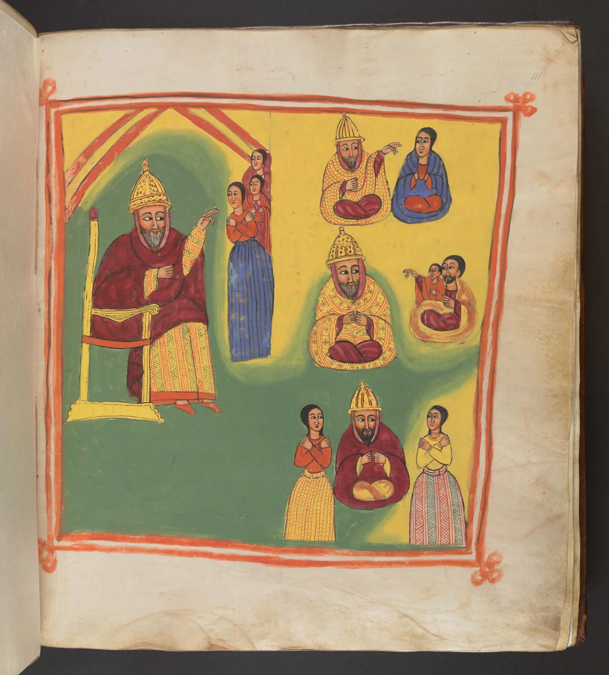 The bishop sitting on a throne in front of a group of women accusing Sofyā; The bishop and Sofyā sitting next to each other; The bishop sitting next to Finkǝs and the child; The child as a grown man is appointed bishop, he is surrounded by two persons