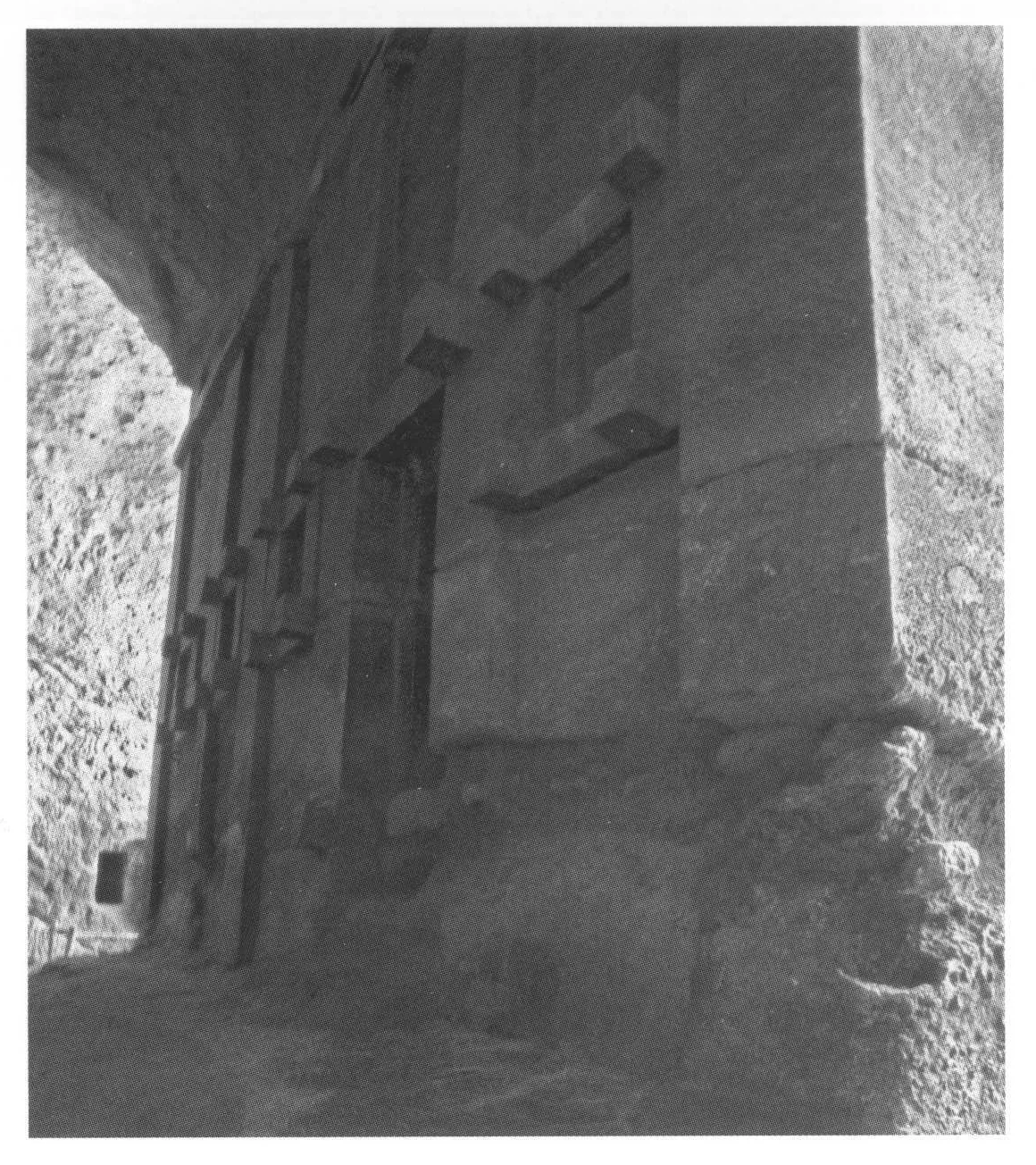 Beta Abba Libanos, the north façade in the underground ambulatory, 2006. The northwest corner of the church is in the foreground, the window between it and the north door being blind as this bay of the interior was not excavated.