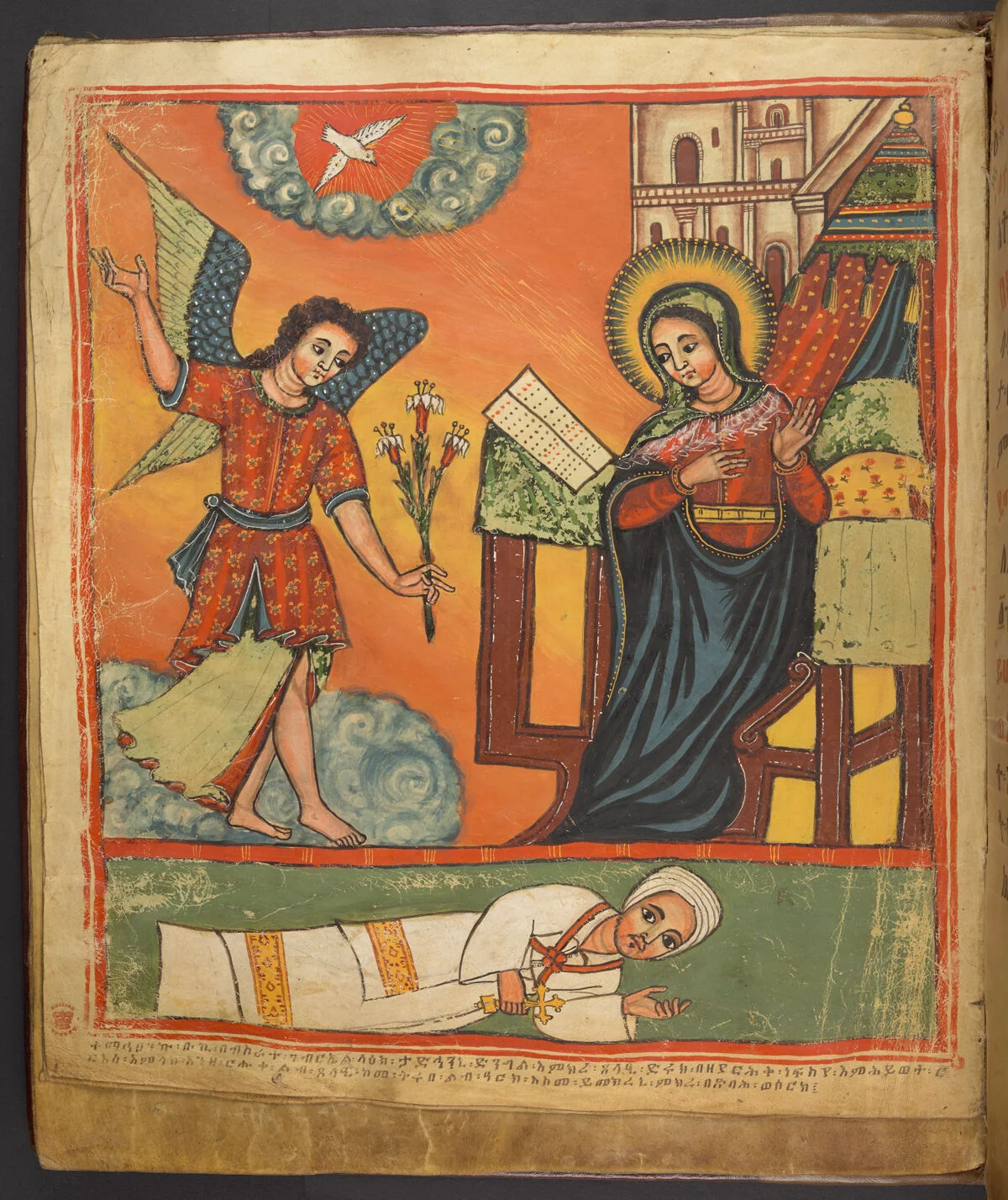 Annunciation: St Gabriel appears to Mary sewing or spinning