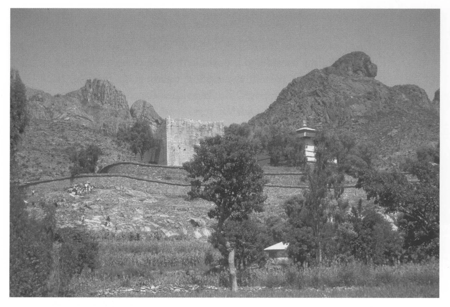 Yeha, view of the church compound from the southeast, showing the Great Temple and the modern church, 1993.